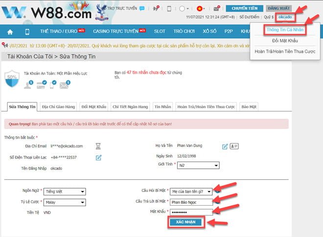 Xác nhận tài khoản W88Club